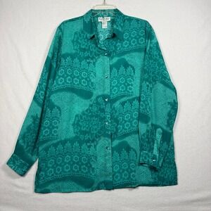 Coconut Row Palm Beach Green Silk Damask Print Button Up Blouse XL‎
